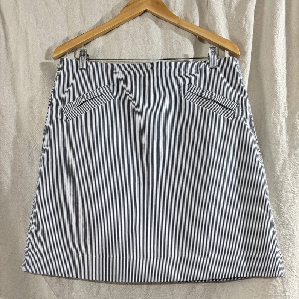 Grace Elements Pinstripe A-Line Skirt Navy Blue White Faux Pockets Size 10